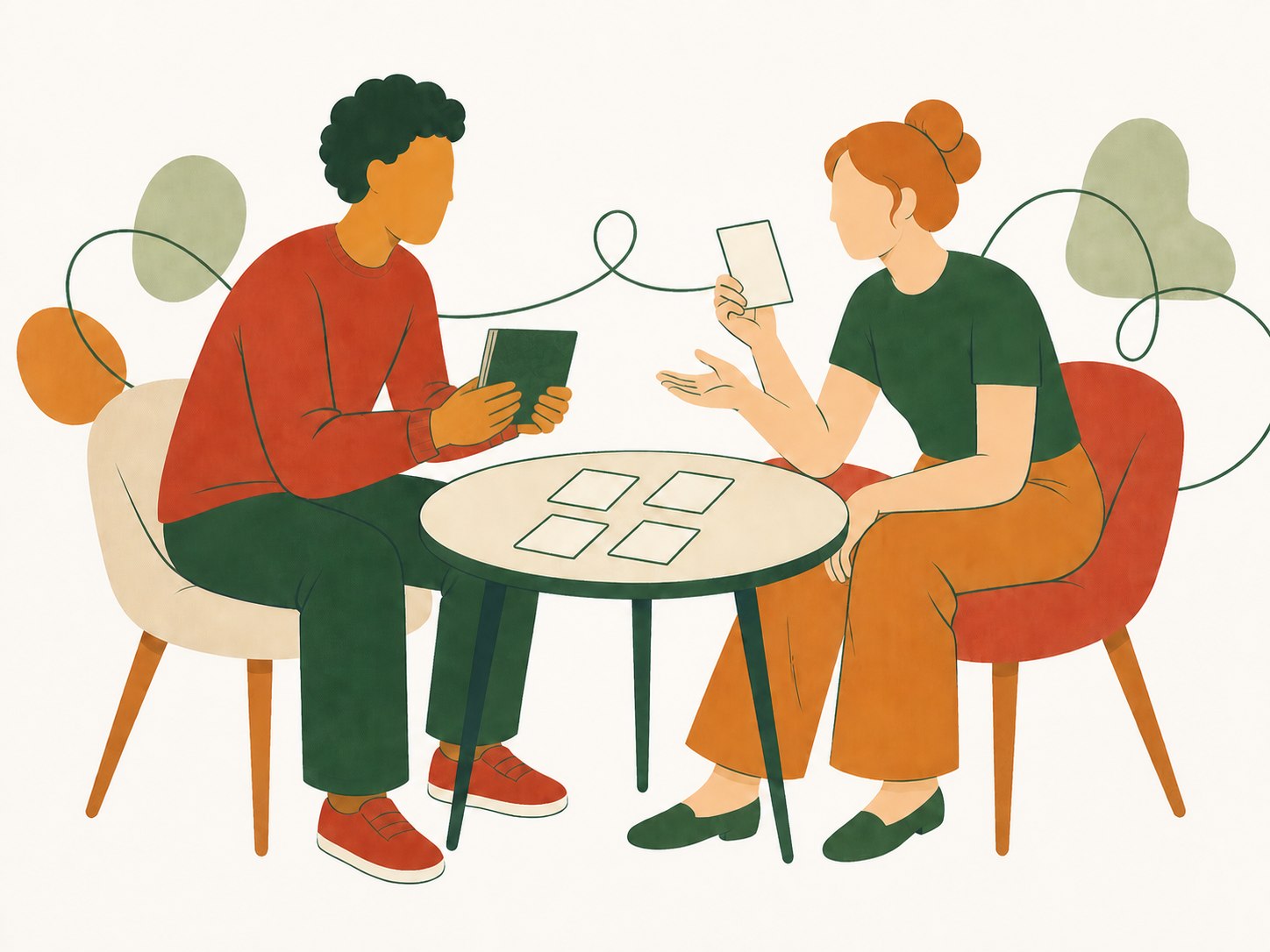 Two fans comparing a blank fan booklet and collectible cards while four abstract paths branch between them