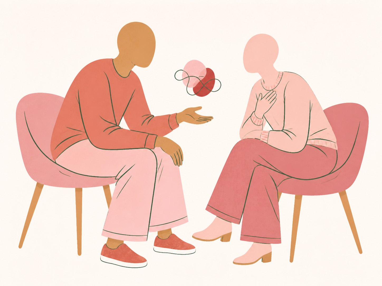 Two people leaning toward one another in a warm pink and red conversation scene