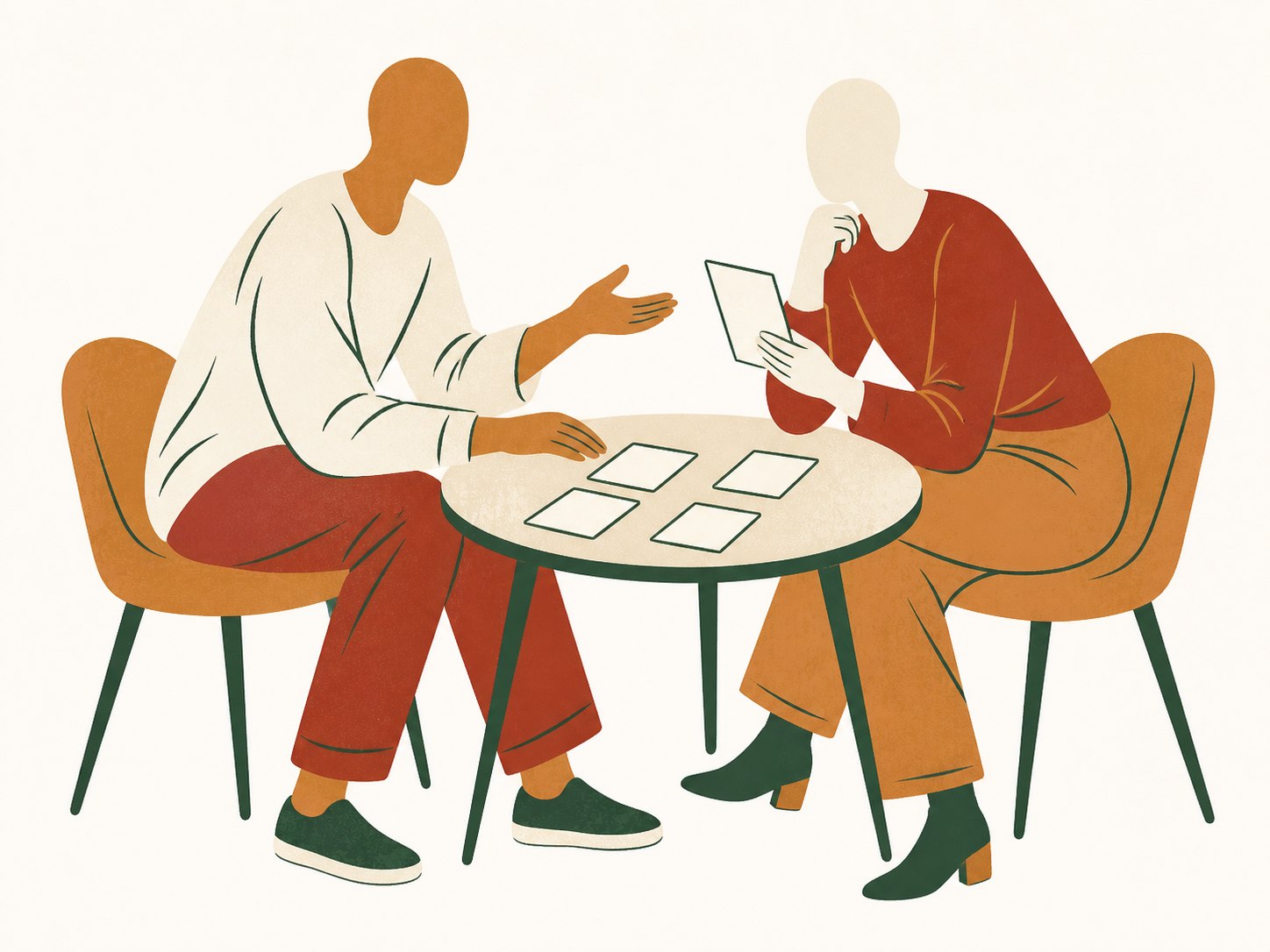 Two colleagues weighing a set of blank option cards together at a small table
